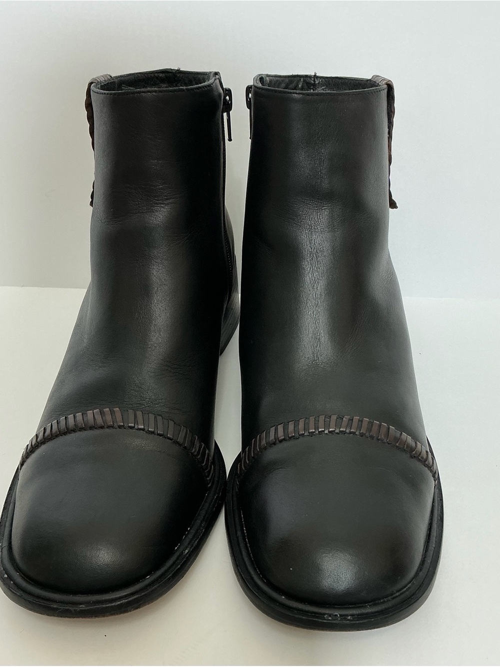 Brighton Black Leather Women's Ankle Boots with Woven Cap-Toe Detail